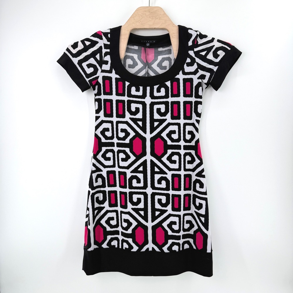 Y2K Tiana B Geometric Print Sheath Dress Size S Spandex Pink Black White Mod